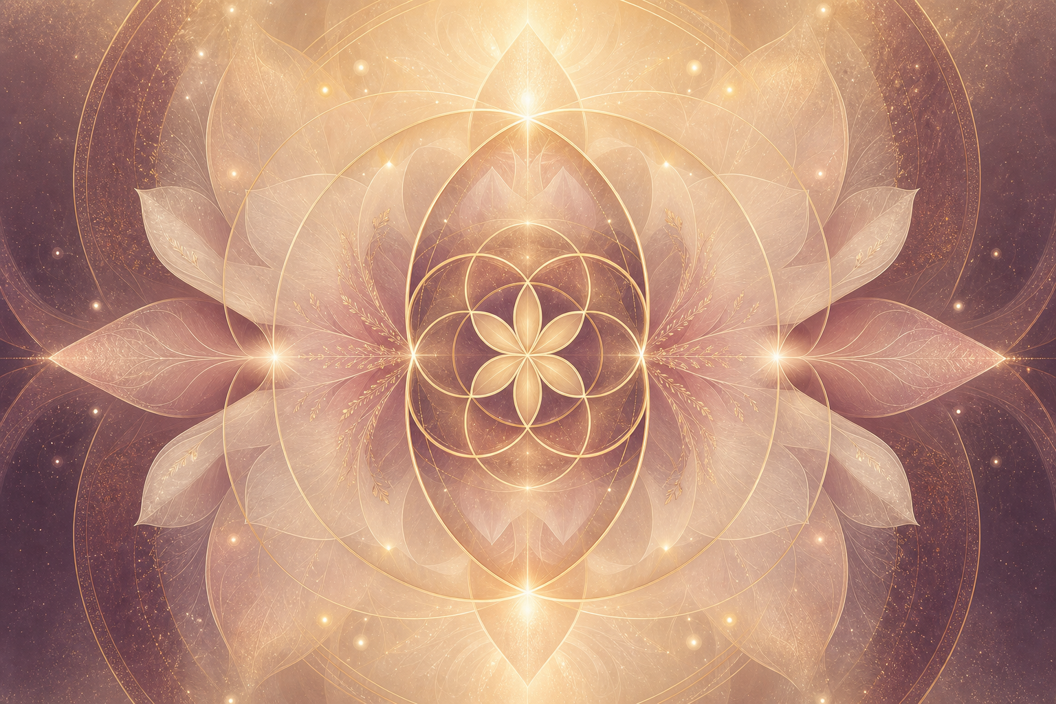 Softly glowing sacred geometry artwork in cream, rose, and gold tones