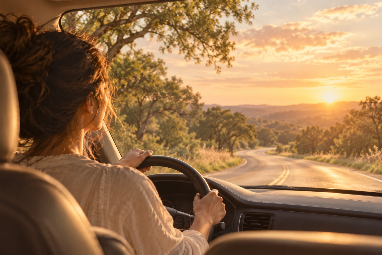 A woman, seen from behind, driving down a winding country road toward a golden sunset over tree-covered hills